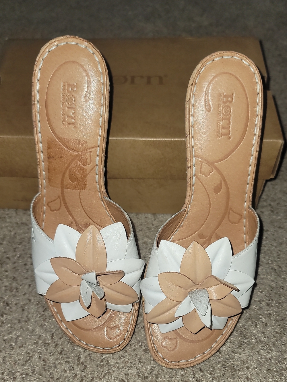 Born White & Tan Floral Slide Sandals